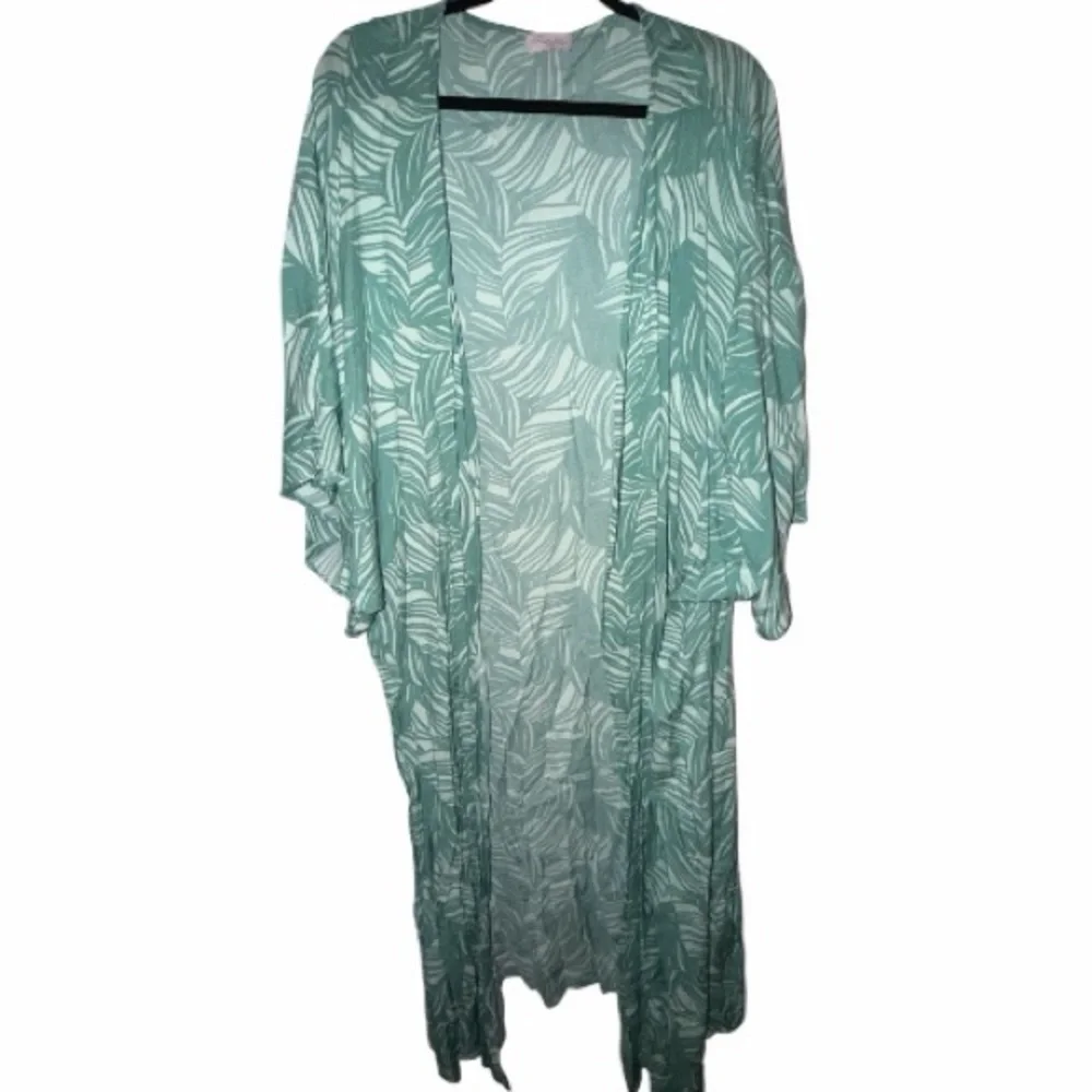 Pink Lily Mint Leaf Print Kimono - Picture 1 of 5